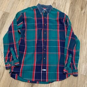 90s Vintage American Eagle Plaid Button Down Shirt Denim Collar MENS LARGE